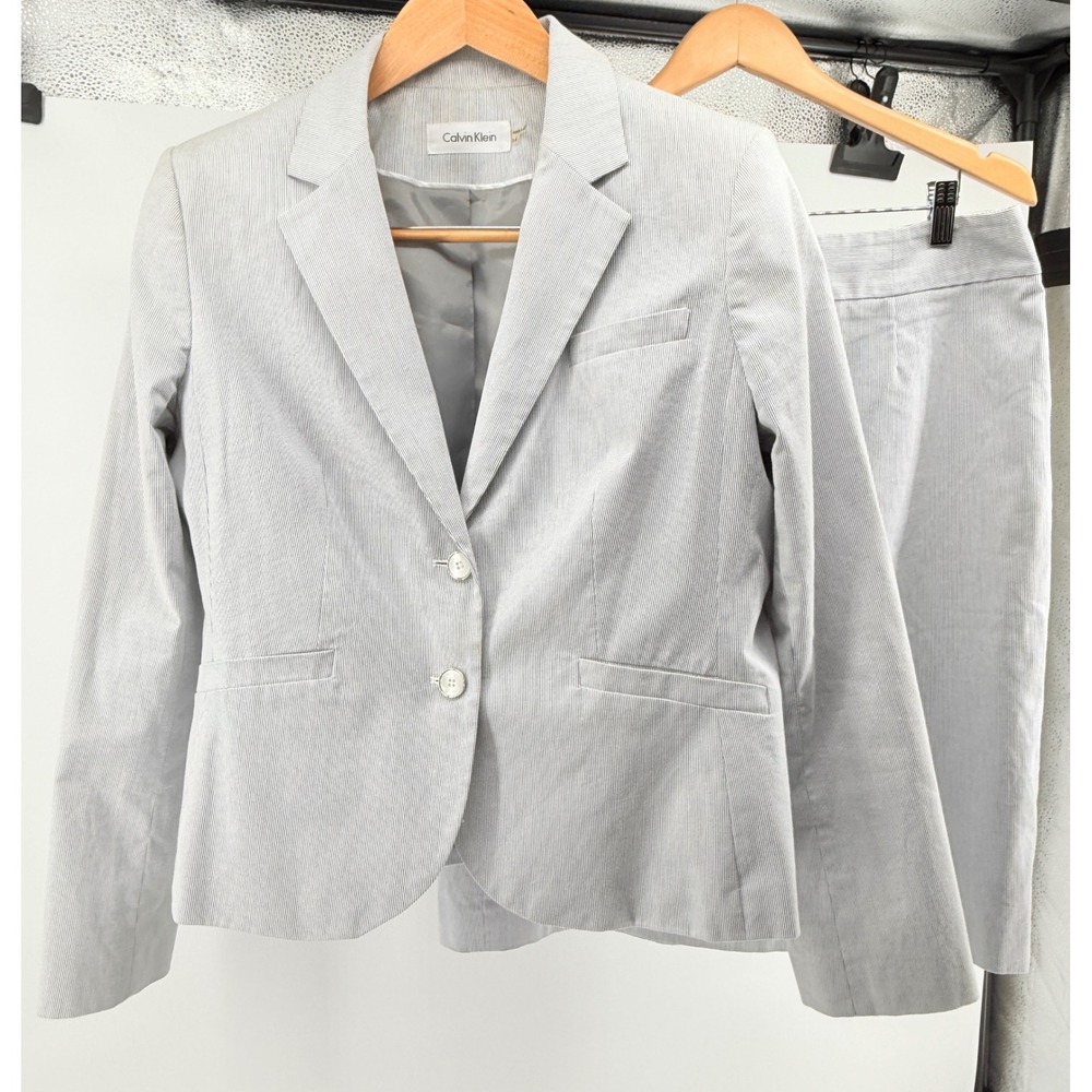 Calvin Klein Womens Blue White Micro Stripe Skirt Suit Set Size 14 Blazer Pencil